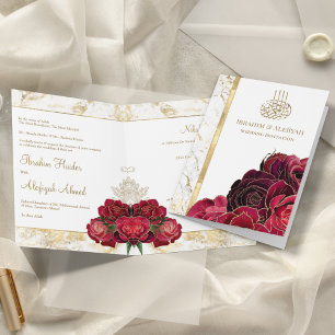 Burgundy Roses Gold Marble Islamic Muslim Wedding Invitation