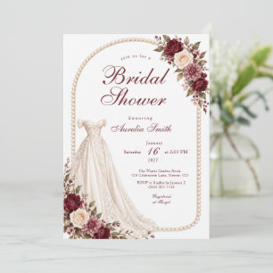 Burgundy Roses, Gown & Pearls Bridal Shower Invitation