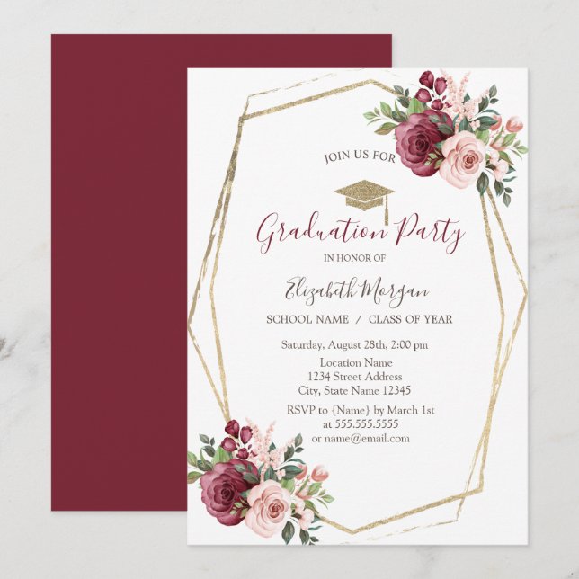 Burgundy Roses,Grad Cap,Graduation  Invitation (Front/Back)