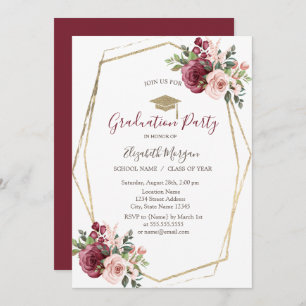 Burgundy Roses,Grad Cap,Graduation  Invitation