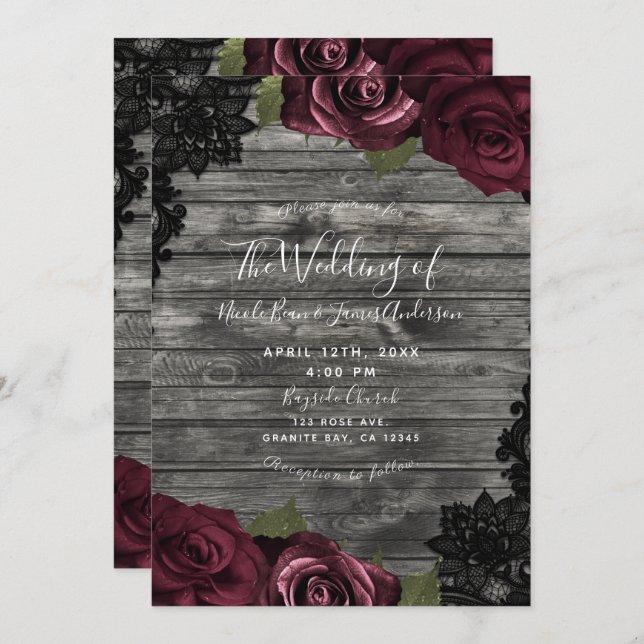 Burgundy Roses Grey Wood Black Lace Wedding Invitation (Front/Back)
