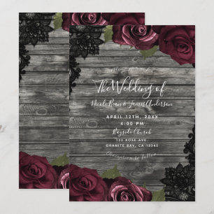 Burgundy Roses Grey Wood Black Lace Wedding Invitation
