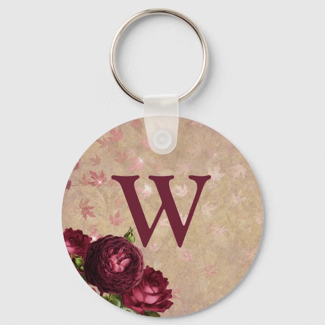 Burgundy Roses Initial Monogram  Key Ring (Front)