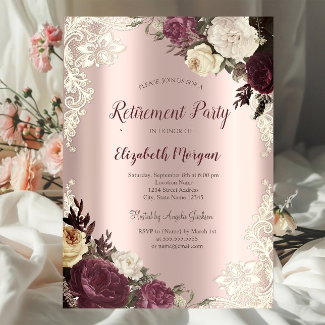 Burgundy Roses,Lace Rose Gold Retirement Invitation (Creator Uploaded)
