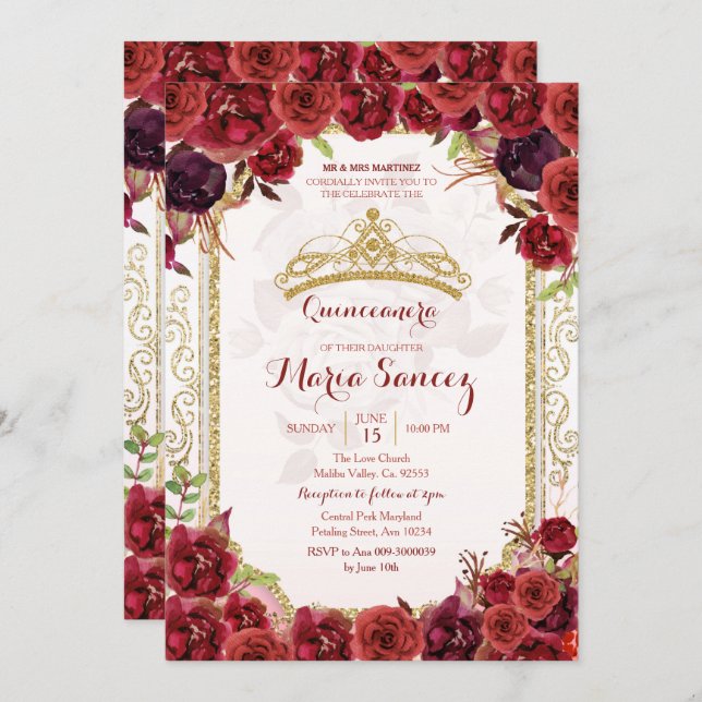 Burgundy Roses Mexican Charra 15 Anos Invitation (Front/Back)