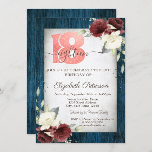 Burgundy Roses Navy Blue Wood 18th Birthday Invitation