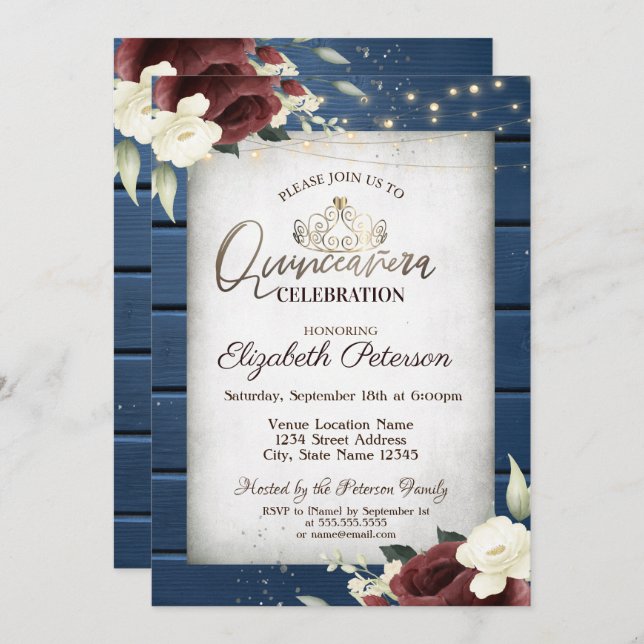 Burgundy Roses,Navy Blue Wood Quinceañera  Invitation (Front/Back)