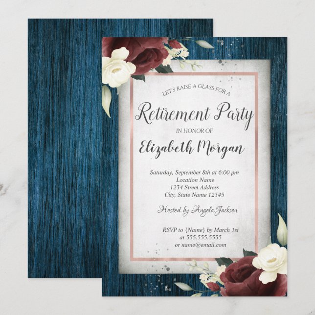 Burgundy Roses,Navy Blue Wood Retirement Invitation (Front/Back)