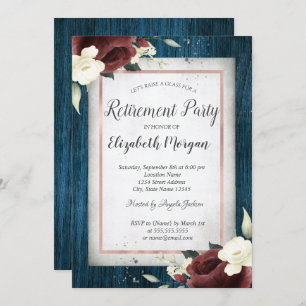 Burgundy Roses,Navy Blue Wood Retirement Invitation