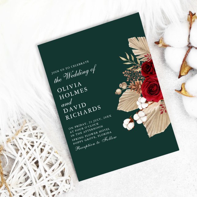 Burgundy Roses on Emerald Green Wedding Invitation (Burgundy Roses on Emerald Green Wedding Invitation on cozy background with cotton flowers)