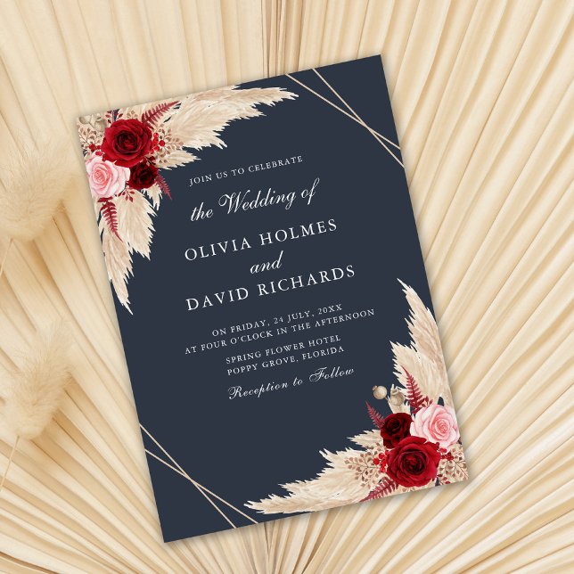 Burgundy Roses on Midnight Blue Wedding Invitation (Creator Uploaded)