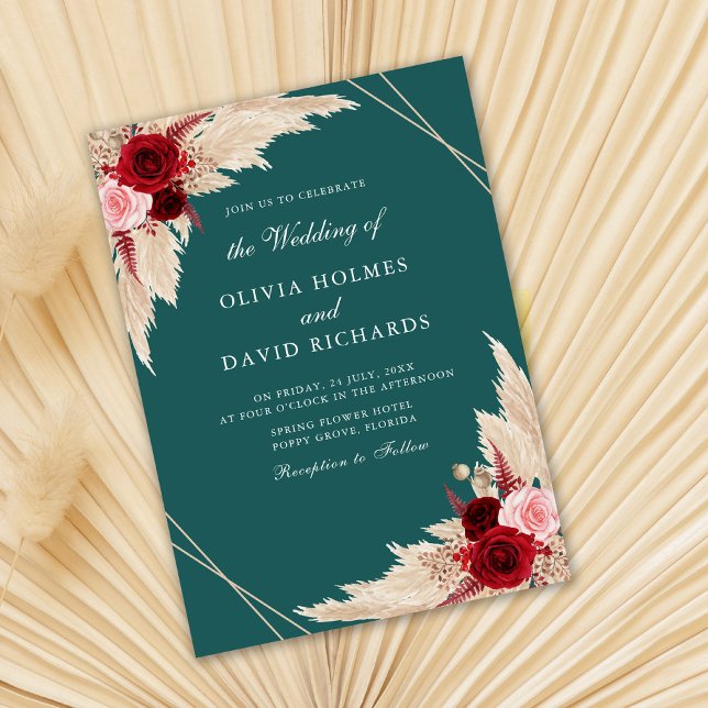Burgundy Roses on Teal Wedding Invitation (Creator Uploaded)