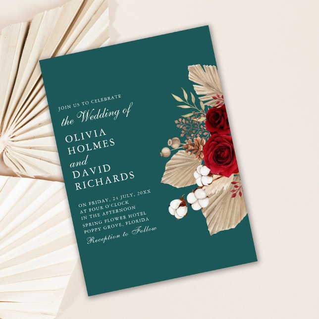 Burgundy Roses on Teal Wedding Invitation (Modern Teal and Burgundy Roses Wedding Invitation on light background)