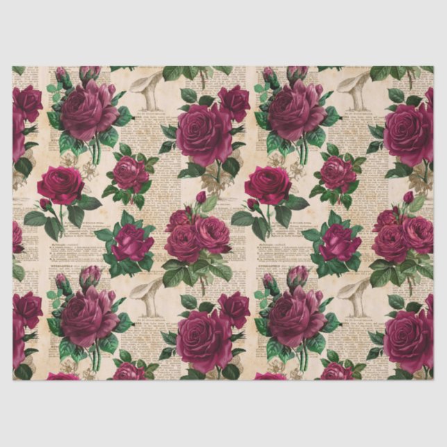 Burgundy Roses on Vintage Newsprint Decoupage Tissue Paper (Front)