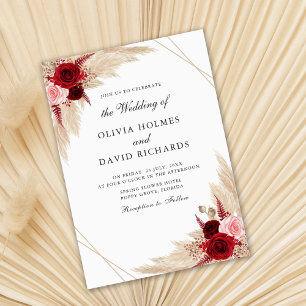Burgundy Roses & Pampas Grass Wedding Invitation