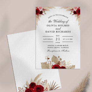Burgundy Roses & Pampas Grass Wedding Invitation