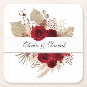 Burgundy Roses & Pampas Grass Wedding Square Paper Coaster