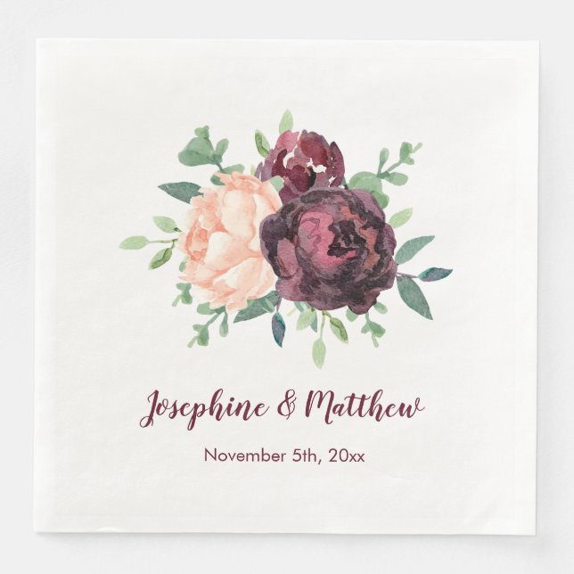 Burgundy Roses Peach Peony Bouquet Wedding Napkins (Front)