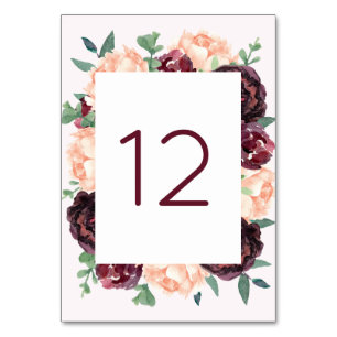 Burgundy Roses Peach Peony Table Number Cards