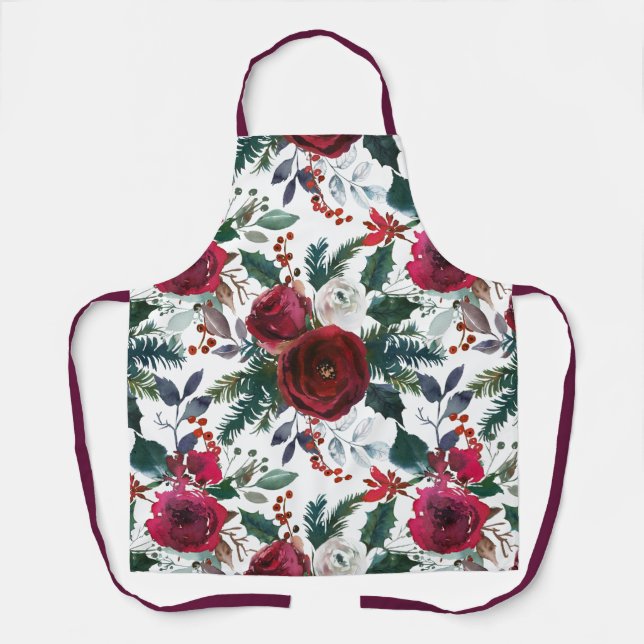 Burgundy Roses, Pine, Holly Christmas Floral Apron (Front)
