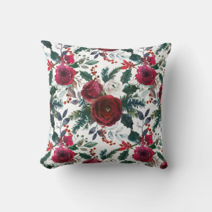 Burgundy Roses, Pine, Holly Christmas Floral Cushion