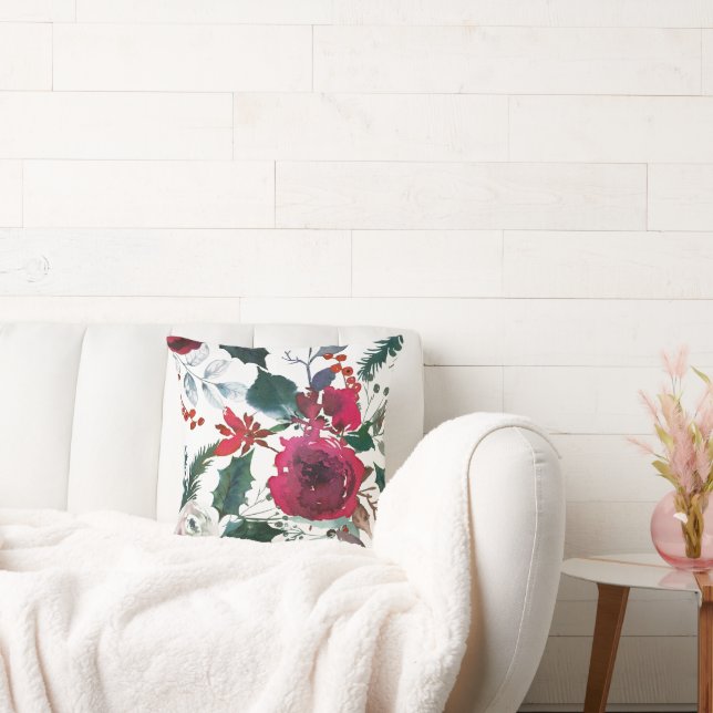 Burgundy Roses, Pine, Holly Christmas Floral Cushion (Couch)