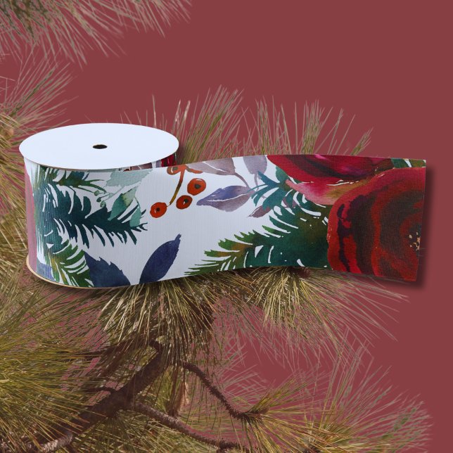 Burgundy Roses, Pine, Holly Christmas Floral Grosgrain Ribbon (Creator Uploaded)