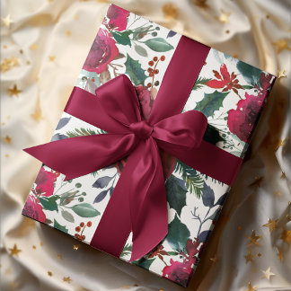 Burgundy Roses, Pine, Holly Christmas Floral Wrapping Paper