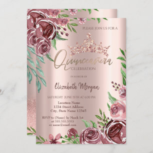 Burgundy Roses,Rose Gold Crown Quinceañera Invitation