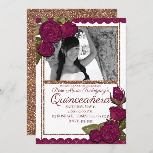 Burgundy Roses Rose Gold Glitter Quinceañera Party Invitation