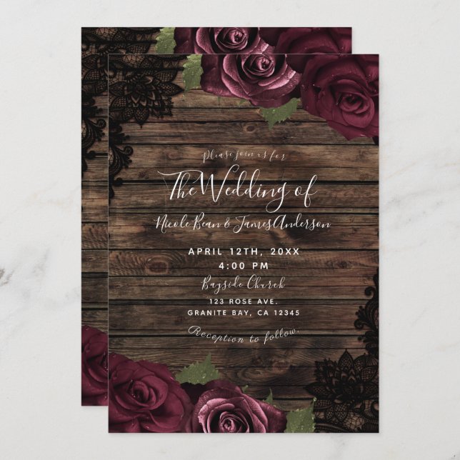Burgundy Roses Rustic Wood Black Lace Wedding  Invitation (Front/Back)