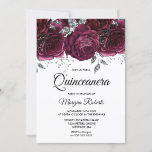 Burgundy Roses Silver Floral Quinceanera Party Invitation