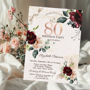 Burgundy Roses String Lights 80th Birthday Invitation