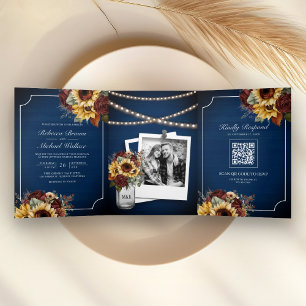 Burgundy Roses Sunflower Navy Blue QR Code Wedding Tri-Fold Invitation