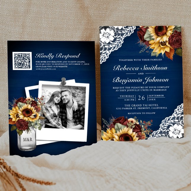 Burgundy Roses Sunflower Navy Lace QR Code Wedding Invitation (Creator Uploaded)