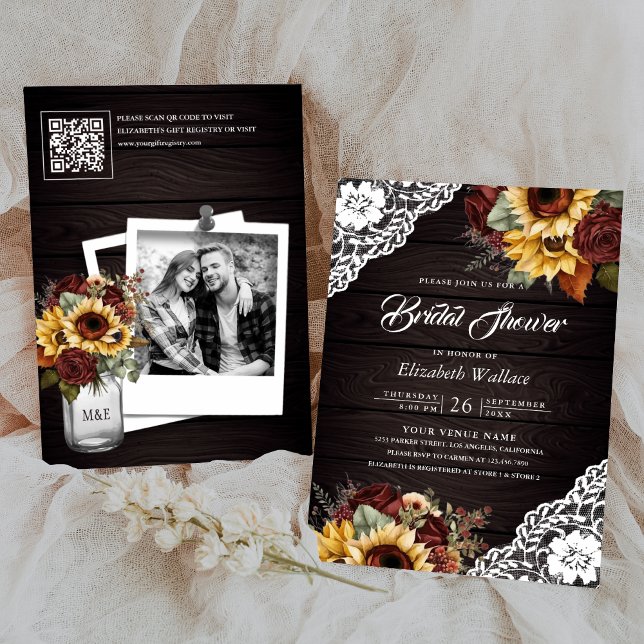 Burgundy Roses Sunflower QR Code Bridal Shower Invitation (Creator Uploaded)