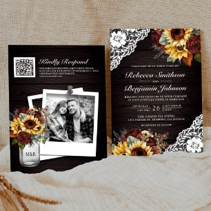 Burgundy Roses Sunflower Wood Lace QR Code Wedding Invitation
