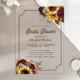 Burgundy Roses Sunflowers Bridal Shower Acrylic Invitations