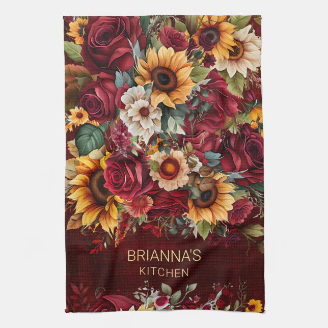 Burgundy roses sunflowers fall themed gifts tea towel (Vertical)