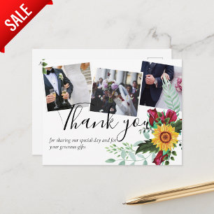 Burgundy Roses Sunflowers PHOTO Thank You Postcard