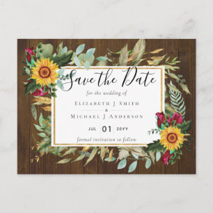 Burgundy Roses Sunflowers Save Change The Date Postcard