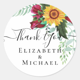 Burgundy Roses Sunflowers Thank You Favour Gift Classic Round Sticker
