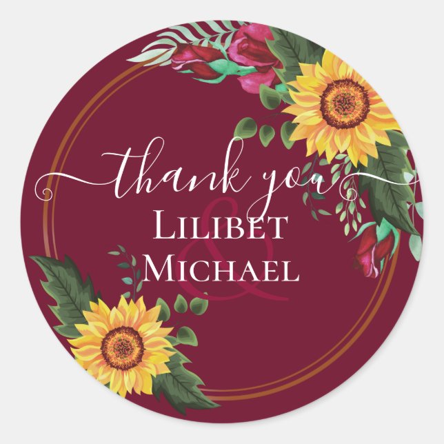 Burgundy Roses Sunflowers Thank You Favour Gift Classic Round Sticker (Front)
