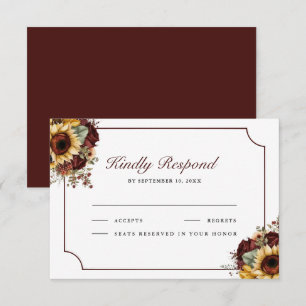 Burgundy Roses Sunflowers Wedding RSVP Card