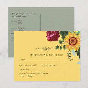 Burgundy Roses Sunflowers Wedding RSVP Postcard