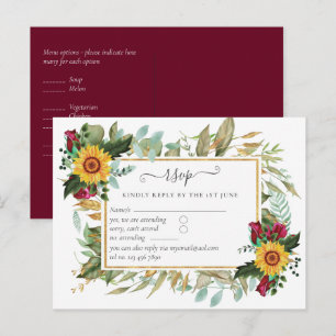 Burgundy Roses Sunflowers Wedding RSVP Postcard