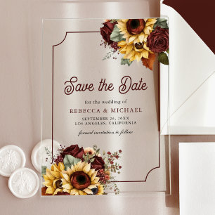 Burgundy Roses Sunflowers Wedding Save the Date Acrylic Invitations