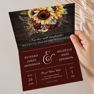 Burgundy Roses Sunflowers Wood QR Code Wedding Invitation