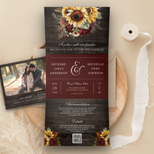 Burgundy Roses Sunflowers Wood QR Code Wedding Tri-Fold Invitation