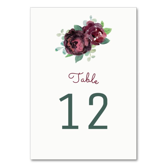 Burgundy Roses Table Number Cards (Front)